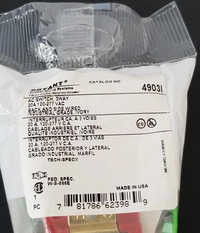 Used BOX OF 8 NEW BRYANT 4903-I 3-WAY AC SWITCHES 20A 120-277VAC IVORY 4903I