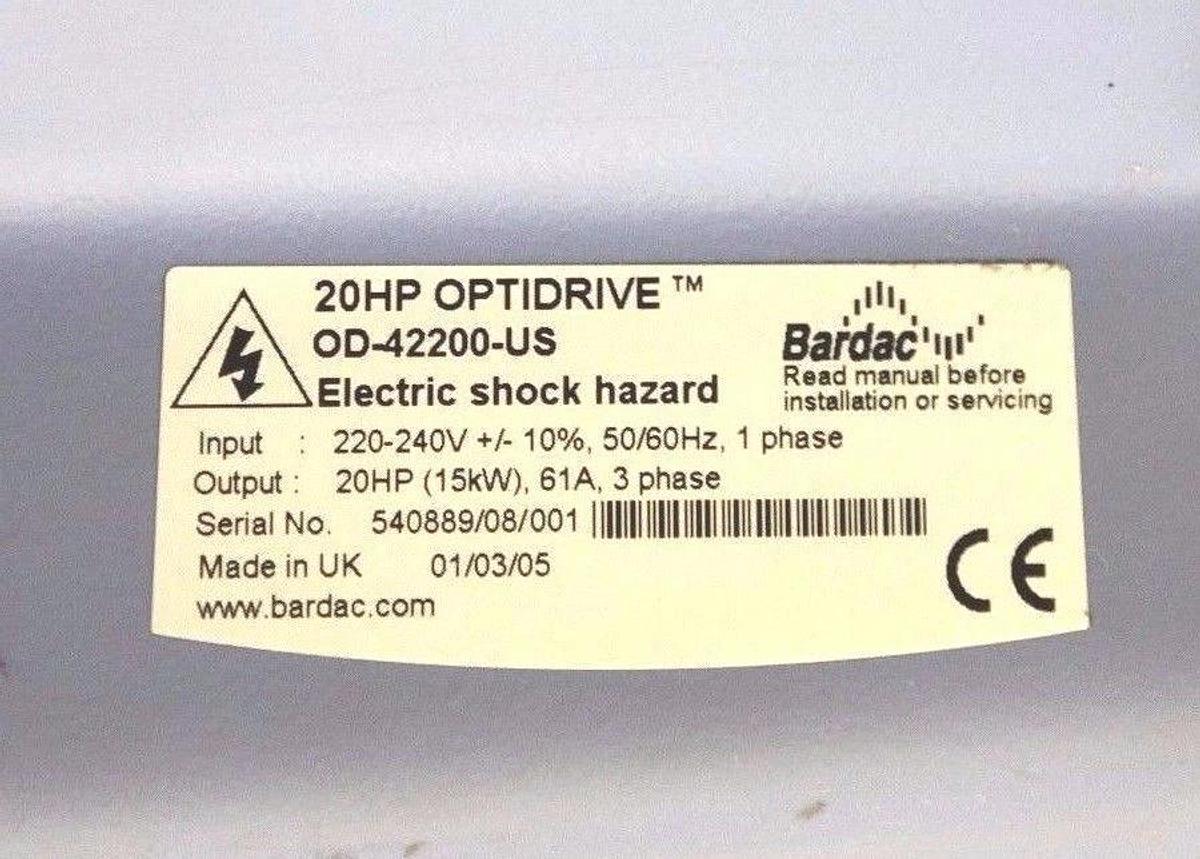 Used INVERTEK DRIVES BARDAC OD-42200-US 20HP OPTIDRIVE ODV-42200-US OD42200US