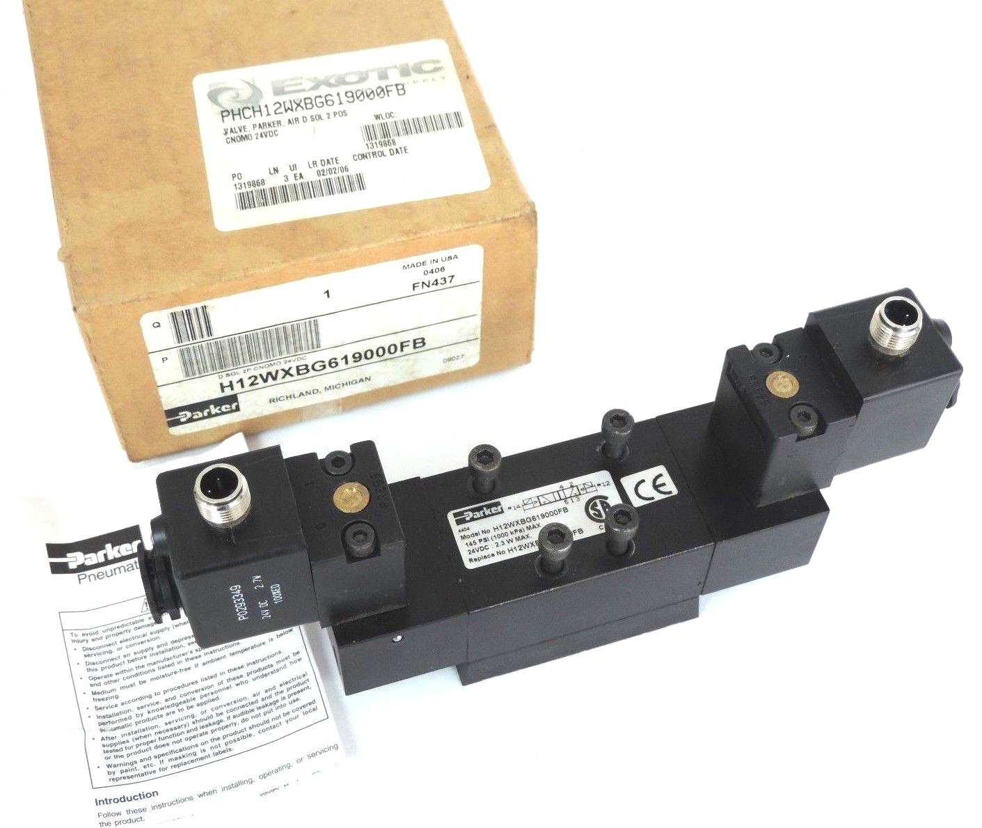 NIB PARKER H12WXBG619000FB AIR SOLENOID VALVE 24VDC: 2.3 W MAX 145 PSI
