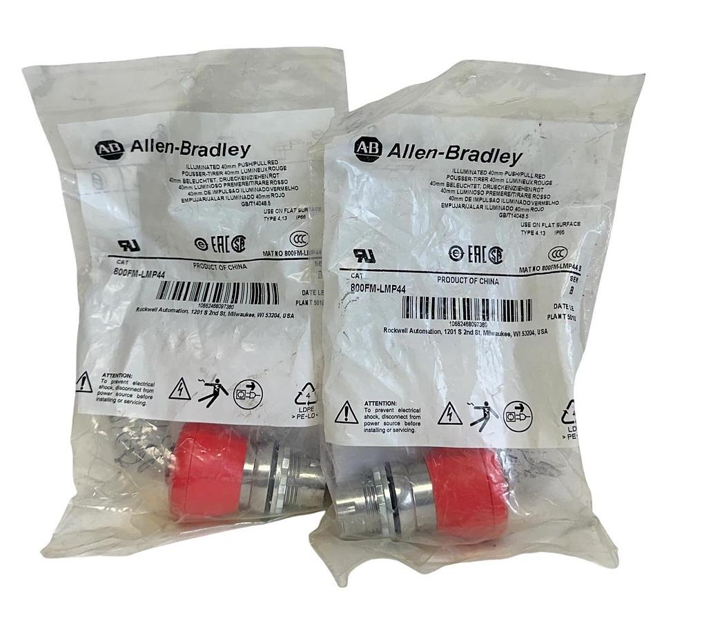 Used 2 ALLEN BRADLEY 800FM-LMP44 /B ILLUMINATED 40mm PUSH-PULL RED PUSH BUTTONS NSFS