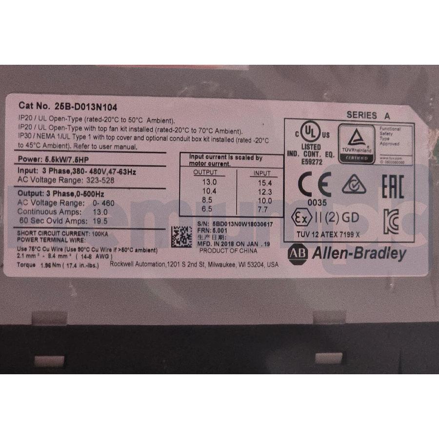 Used Allen Bradley 25B-D013N104 /A PowerFlex 525 AC VFD Drive 3Ph 480V 7.5HP Unused