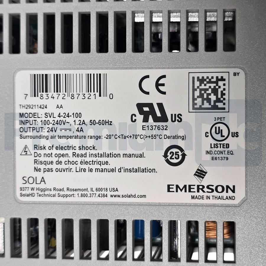 Used Emerson SolaHD SVL 4-24-100 Power Supply In: 100-240V Out: 24VDC 100W SVL424100