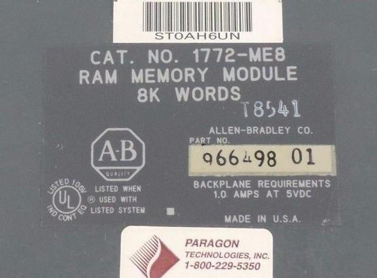 Used ALLEN BRADLEY 1772-ME8 RAM MEMORY MODULE 8K 966498-01 W/ 960235 REV E1 PC BOARD