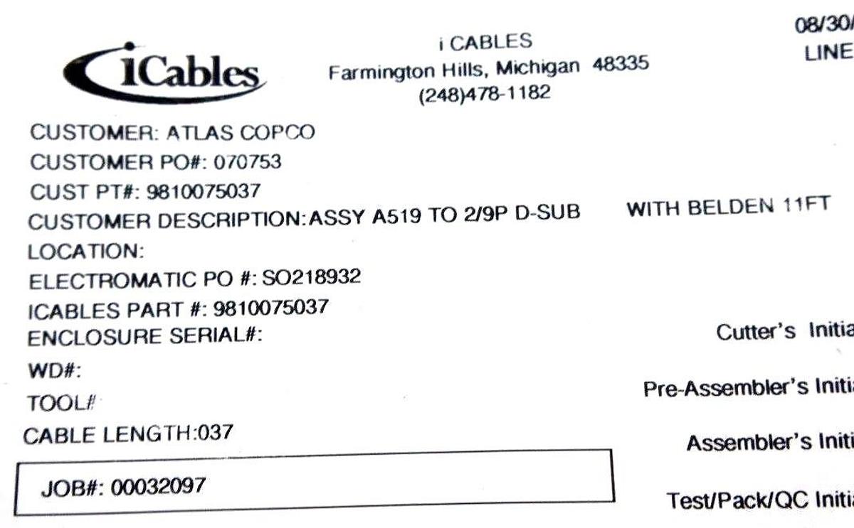 NEW ATLAS COPCO 9810075037 CABLE ASSEMBLY A519 TO 2/9PP