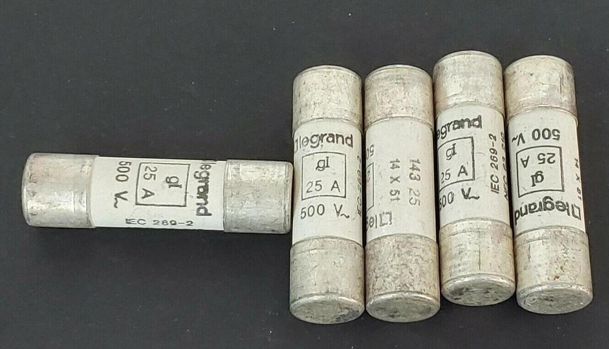 Used LOT OF 5 LEGRAND 14325 CARTRIDGE FUSES 25AMP 500VAC 100KA TYPE:GI 14X53MM