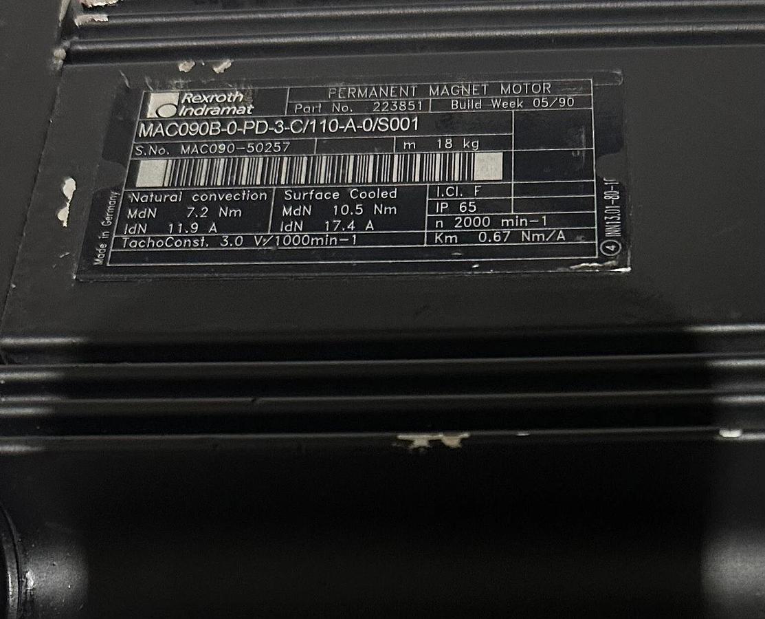 Refurbished REPAIRED REXROTH INDRAMAT MAC090B-0-PD-3-C/110-A-0/S001 PM MOTOR 7.2Nm 223851