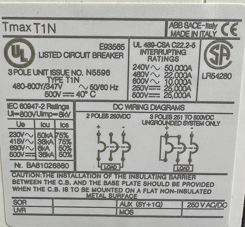 NEW ABB 1SDA061805R1 SACE TMAX T1 N 100 CIRCUIT BREAKER T1N060TLA T1N 3-POLE