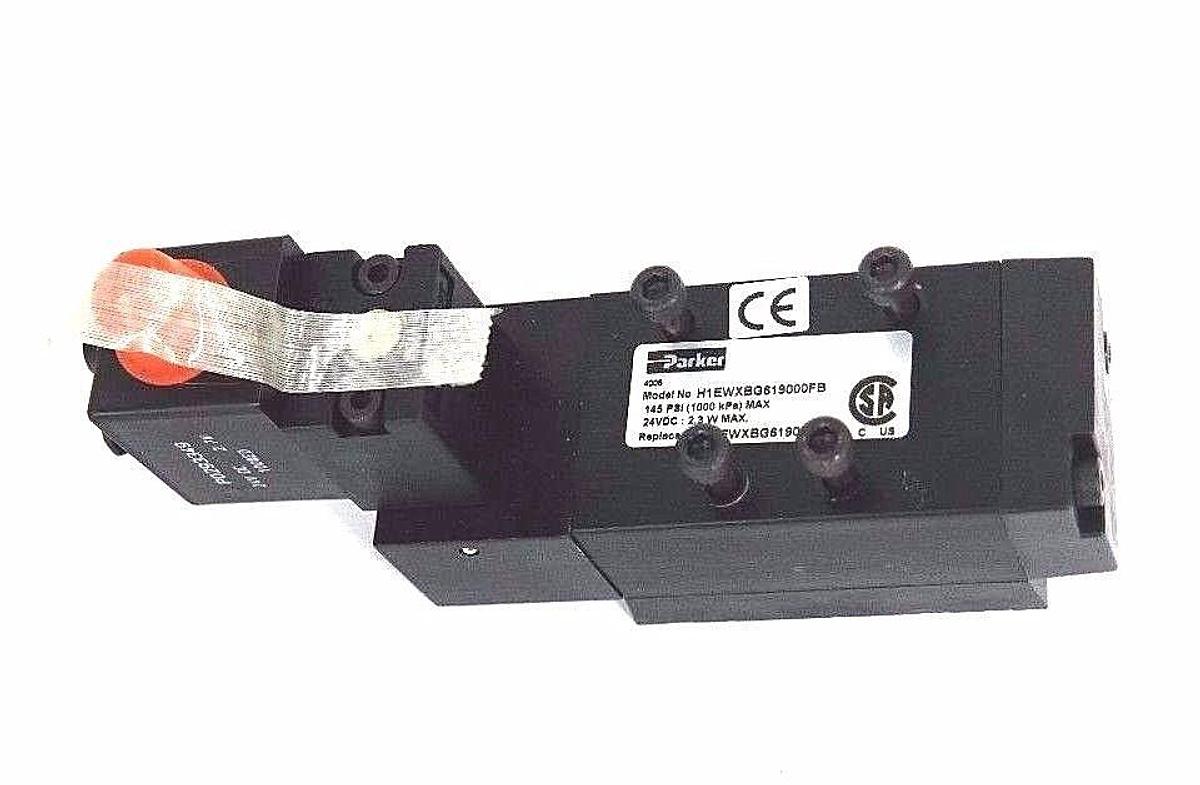 Used NIB PARKER H1EWXBG619000FB PNEUMATIC VALVE 145PSI MAX, 24VDC, 2.3W MAX, P0293349