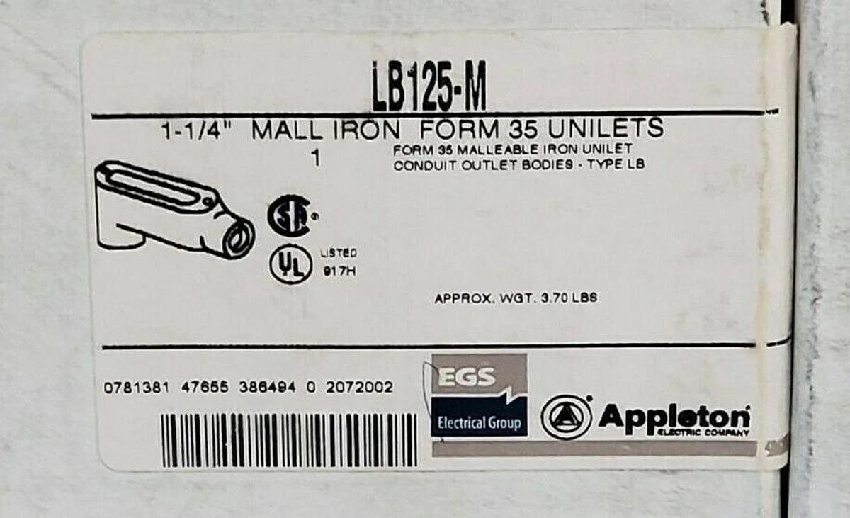 Used (9) NIB APPLETON LB125-M 1-1/4INCH MALL IRON FORM 35 UNILETS TYPE LB CONDUITS