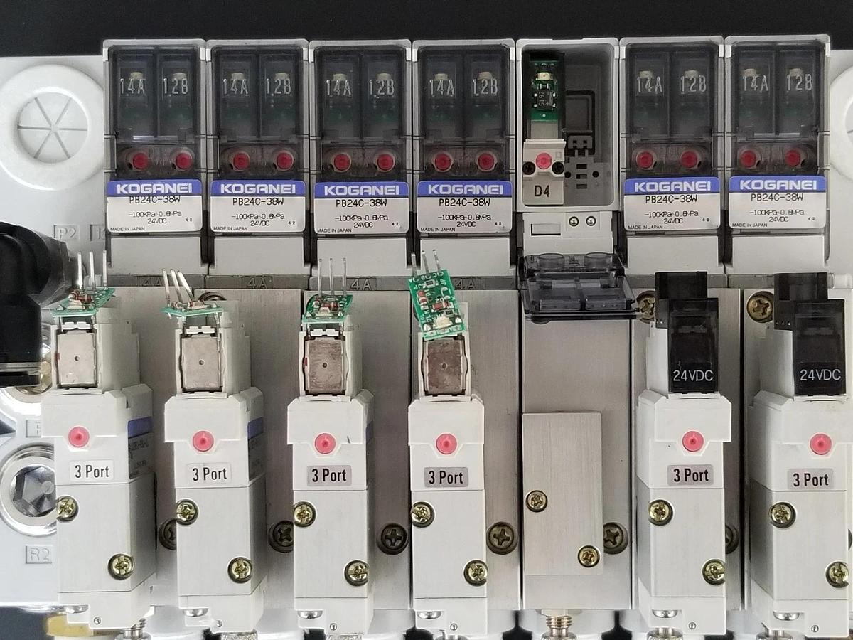 Used KOGANEI PBM7P-3W SOLENOID VALVE BLOCK, GA110E1-PSL-1L-7W, PB24C-38W, PB24C-39W
