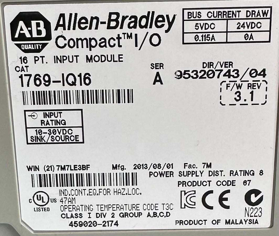 Used ALLEN BRADLEY 1769-IQ16 /A CompactLogix 16-PT DIGITAL INPUT MODULE 1769IQ16