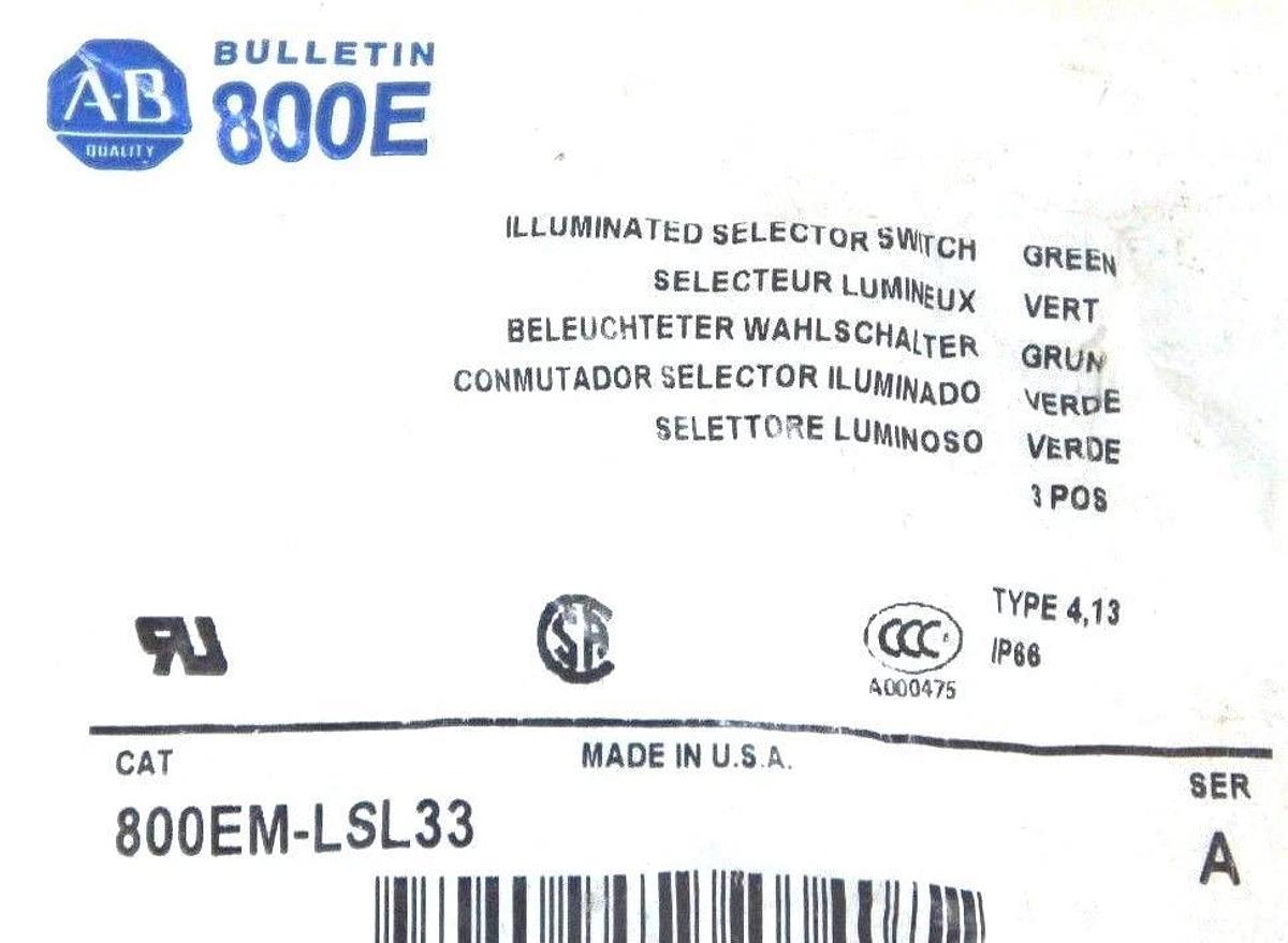 Used NIB ALLEN BRADLEY 800EM-LSL33 ILLUMINATED SELECTOR SWITCH SER A GREEN 800EMLSL33
