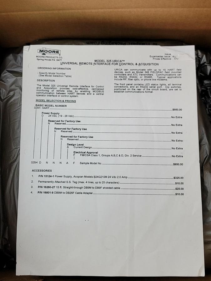 Used NIB MOORE INDUSTRIES 325HDNNNAF UNIVERSAL REMOTE INTERFACE B/M: 16260-29/4TC