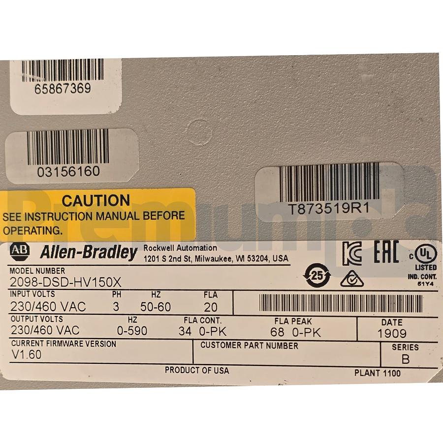 Used Allen Bradley 2098-DSD-HV150X /B Ultra3000i Servo Drive 15kW 480V FW 1.60 REMAN