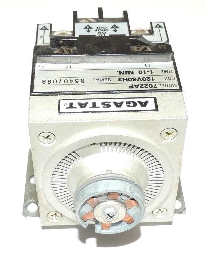 Used LOT OF 4 AGASTAT 7022AF TIME DELAY RELAYS, 120 V, 60 HZ, 1-10 MINUTES, W/O DIALS