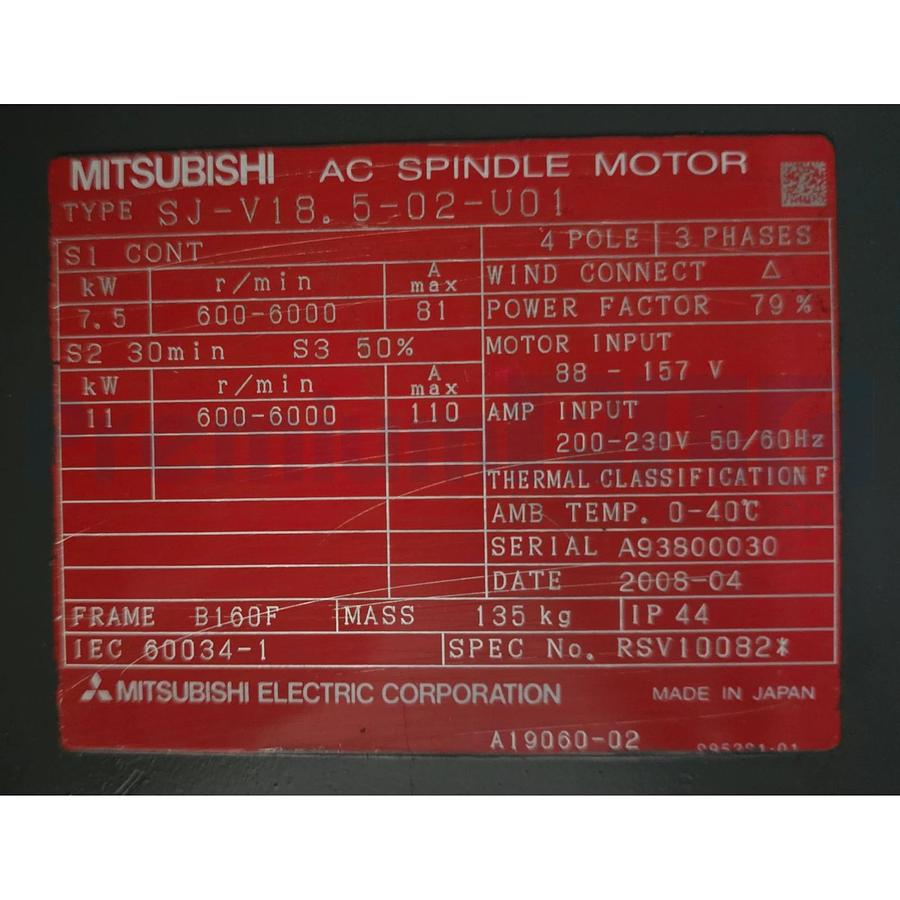 Refurbished MITSUBISHI SJ-V18.5-02-U01 AC SPINDLE MOTOR 7.5/11kW 230V RSV10082* SJV18502 REP