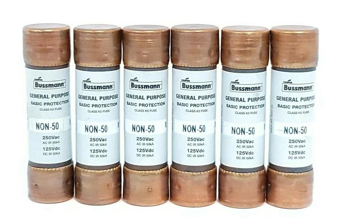 Used BOX OF 6 NEW COOPER BUSSMANN NON-50 ONE TIME BUSS FUSES NON50