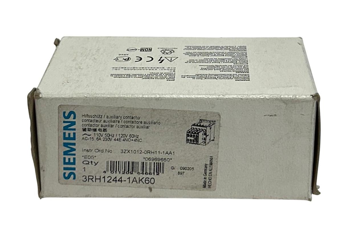 Used SIEMENS 3RH1244-1AK60 / 3RH12441AK60 AUXILIARY CONTACTOR 110-120VAC 6A NSMP