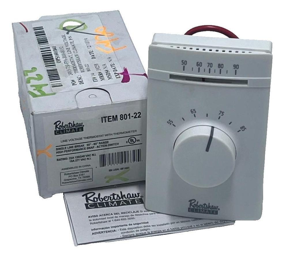 Robertshaw 801-22 Line Voltage Thermostat with Thermometer Single Line Break