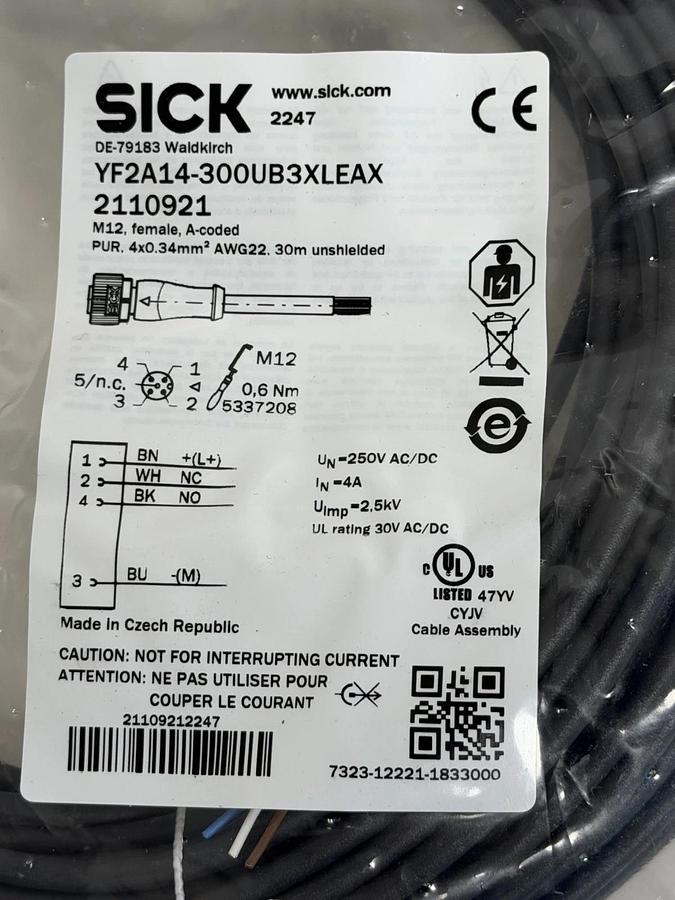 Used SICK YF2A14-300UB3XLEAX M12 4-Pin Female Cable 30m Sensor Cordset 2110921 NSFS