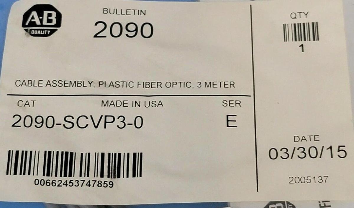 Used NEW ALLEN BRADLEY 2090-SCVP3-0 SER. E CABLE ASSEMBLY, PLASTIC FIBER OPTIC 3M