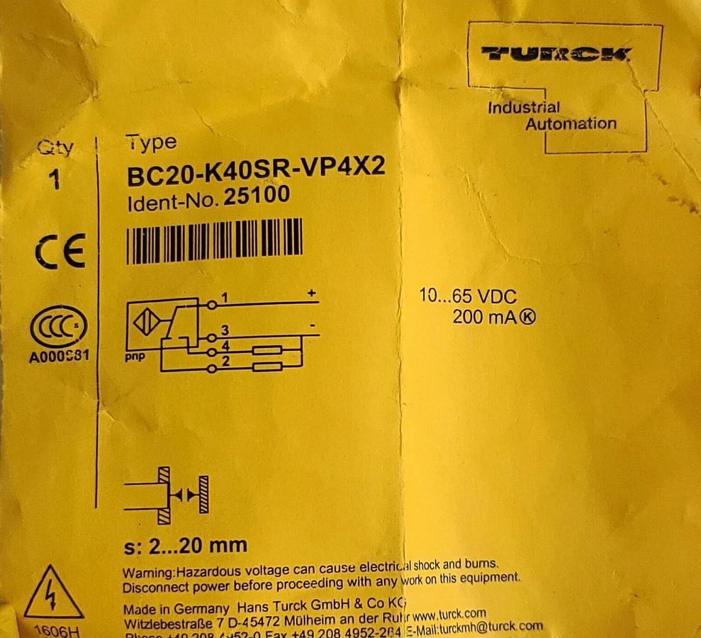 Used NEW TURCK BC20-K40SR-VP4X2-B1141 / BC20K40SRVP4X2B1141 PROXIMITY SENSOR 25100