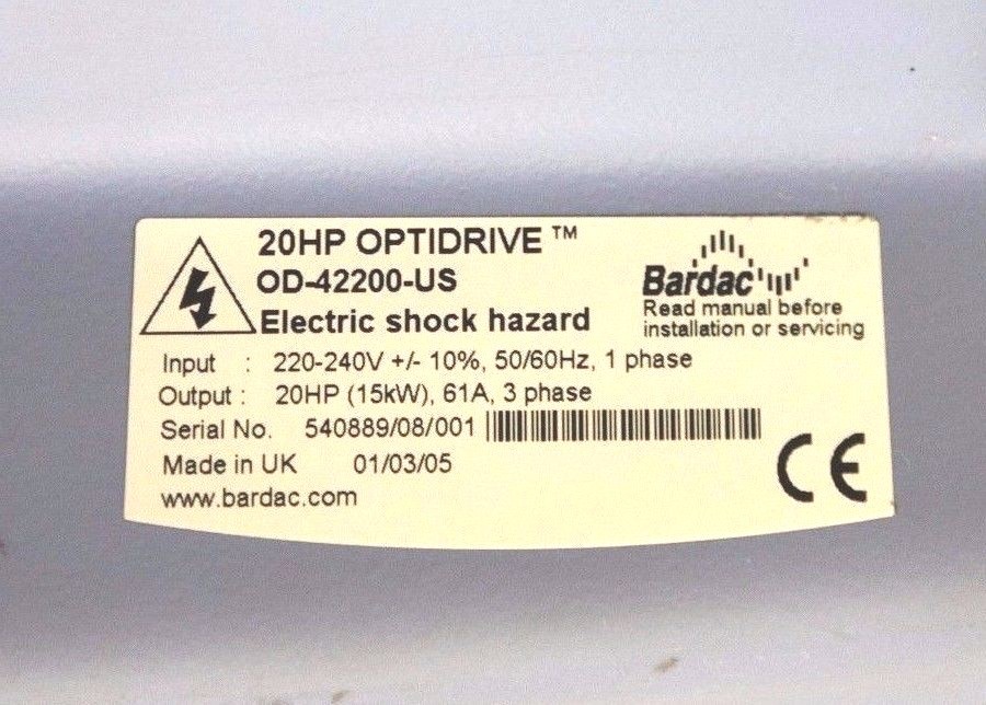 Used INVERTEK DRIVES BARDAC OD-42200-US 20HP OPTIDRIVE ODV-42200-US OD42200US
