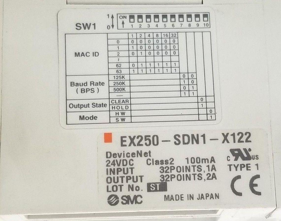 Used SMC SI DEVICENET EX250-SDN1-X122 MANIFOLD W/ (2) VQC2201N-51 & (3) VQC2201N-51
