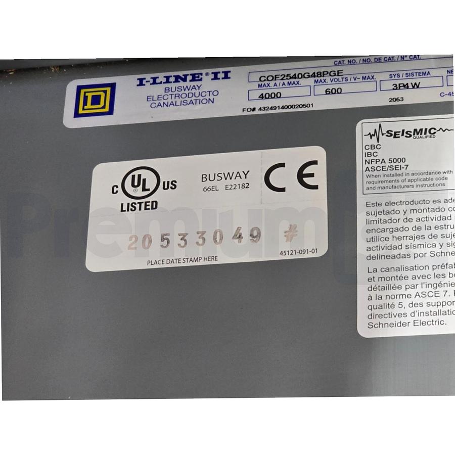 Used Square D COF2540G48PGE I-Line II Feeder Busway Straight 600VAC 4000A 3Ph 4W NEW