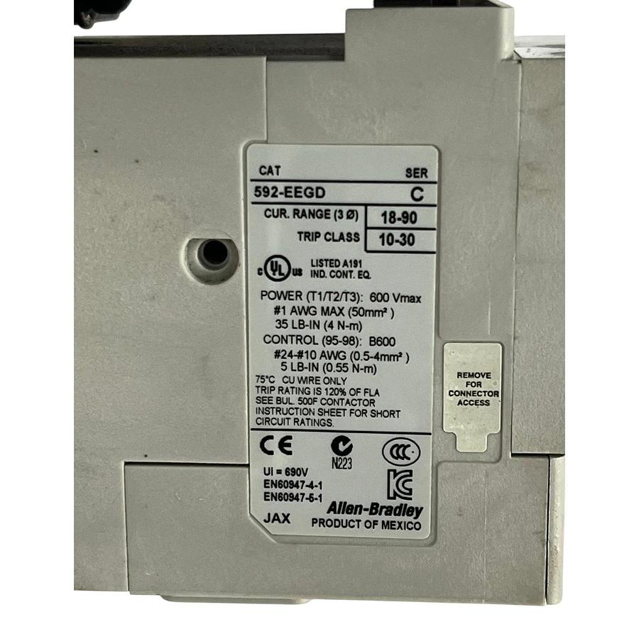 Used Allen-Bradley 509-DOD-XXX /A Size 3 Starter 90A 110/120V Coil  w/ 592-EEGD Relay