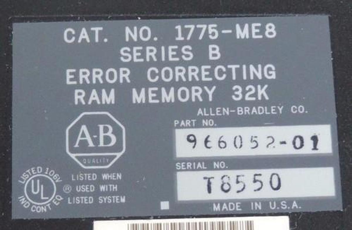 Used ALLEN BRADLEY 1775-ME8 ERROR CORRECTING RAM MEMORY MODULE 32K SER B P/N 96605201