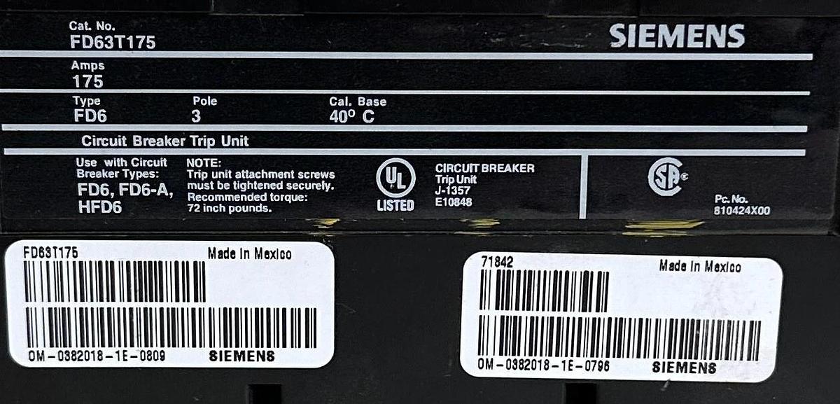 Used SIEMENS FD63T175 CIRCUIT BREAKER TRIP UNIT 175A 3-POLE FD6 FD6-A HFD6 71842