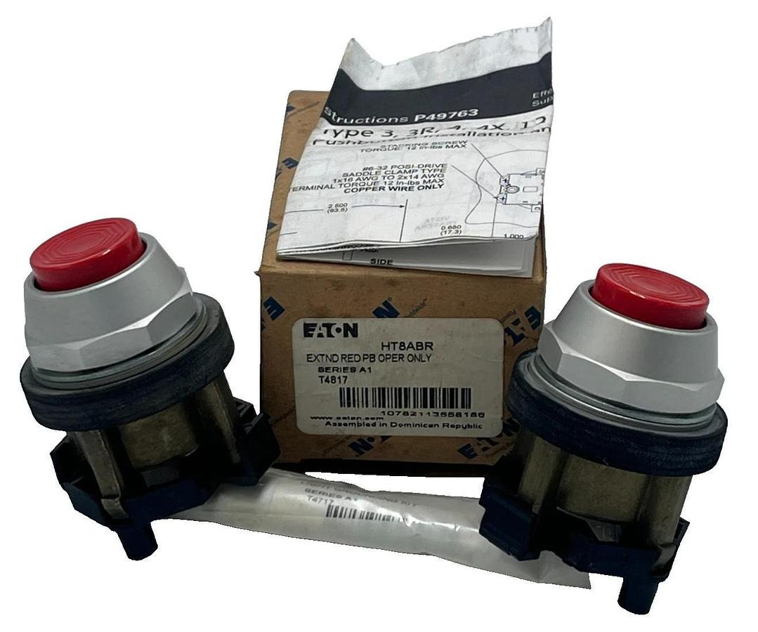 LOT OF 2 EATON HT8ABR Extended Red Pushbutton Momentary 22.5mm HT8ABR