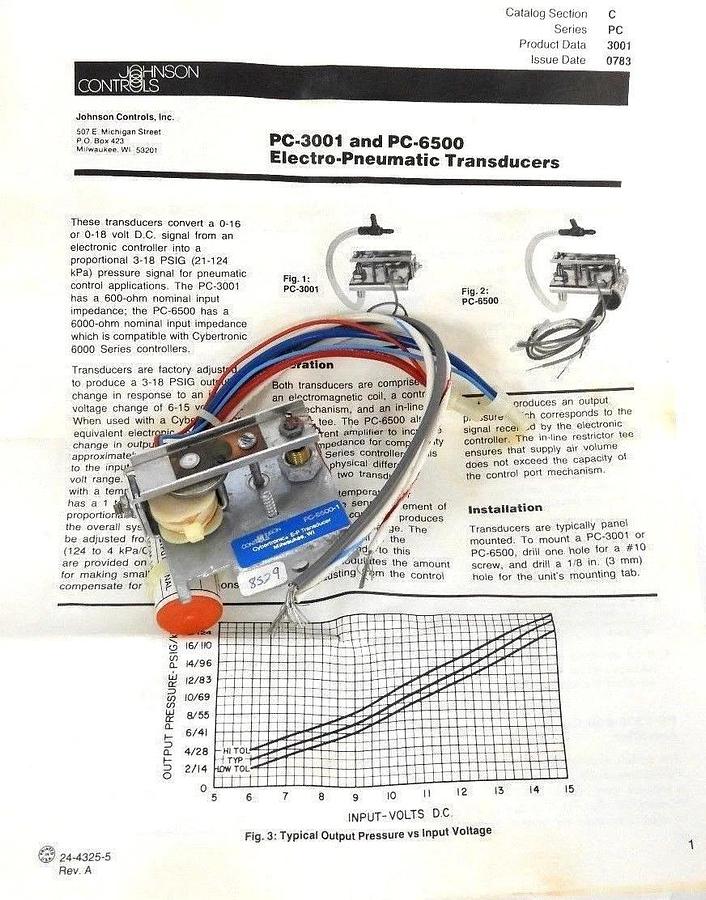 Used NIB JOHNSON CONTROLS P/N: H27-5024-26 CODE: PC-6500-1 CYBERTRONIC E-P TRANSDUCER