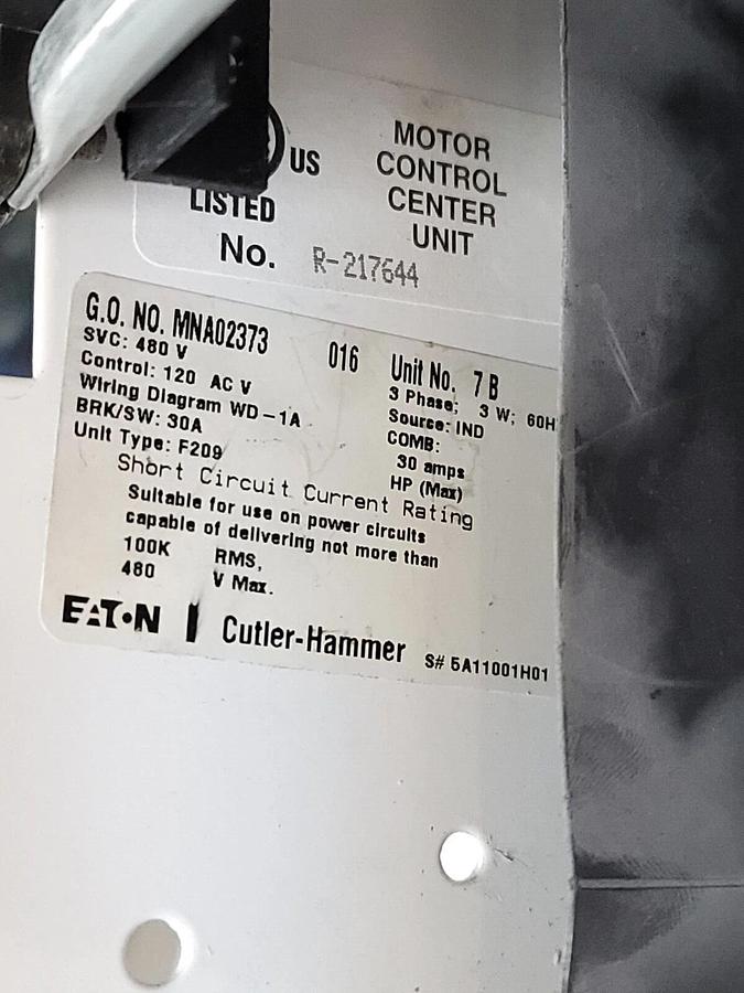 Used EATON CUTLER-HAMMER MNA02373 MOTOR CONTROL UNIT 480V 60Hz F209 MNA02373-016
