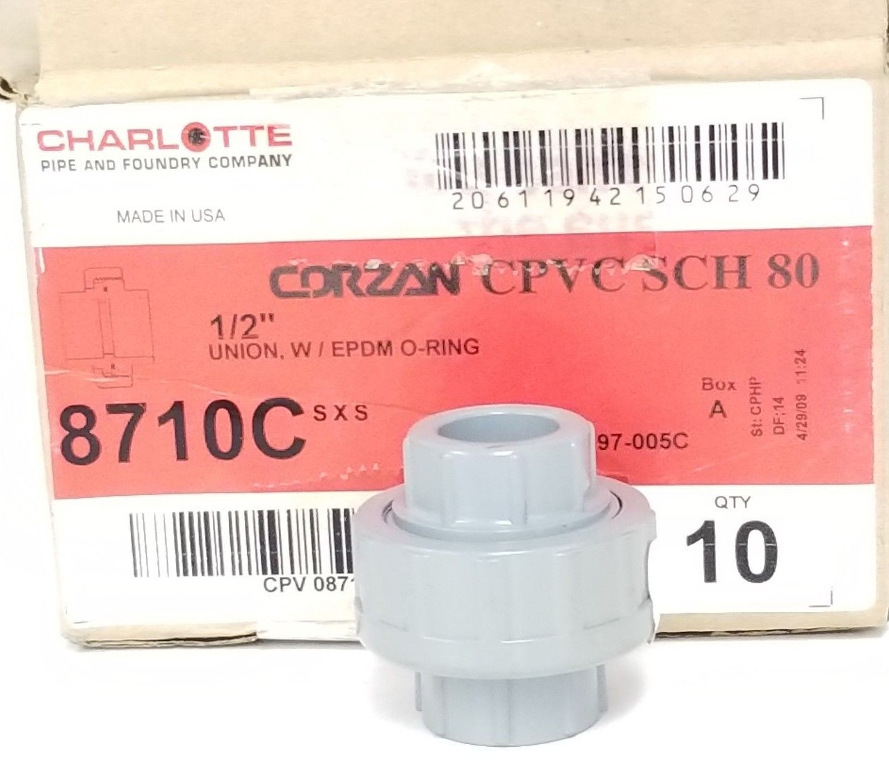 Used BOX OF 10 NEW CHARLOTTE CORZAN CPVC SCH 80 1/2" UNIONS W/ EPDM O-RINGS 8710C SXS