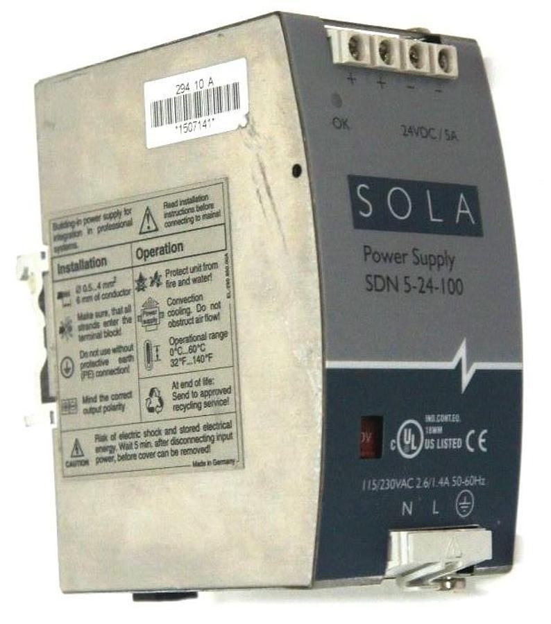 Used SOLA SDN5-24-100 POWER SUPPLY SDN524100, 115/230 VAC, 2.6-1.4A, 50/60HZ
