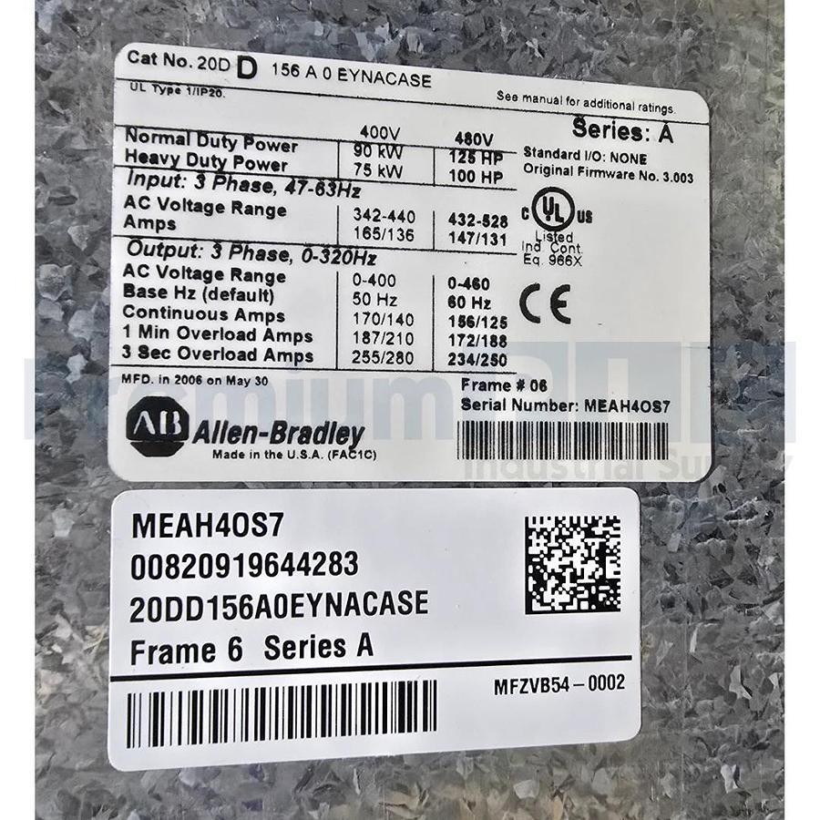 Used ALLEN BRADLEY 20DD156A0EYNACASE /A PowerFlex 700S AC DRIVE 125HP (SELLING AS IS)