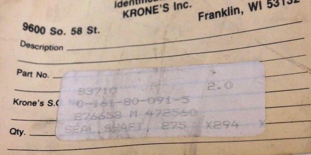 Used NEW KRONES 0-161-80-091-5 OIL SHAFT SEAL B 275 X 294 X 12 -NB