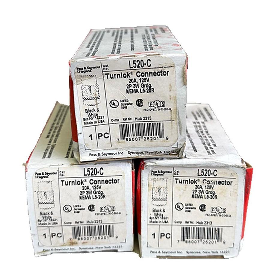 Used 3 NEW PASS & SEYMOUR L520-C / L520C TurnLok CONNECTORS 20A 125V BLACK & WHITE