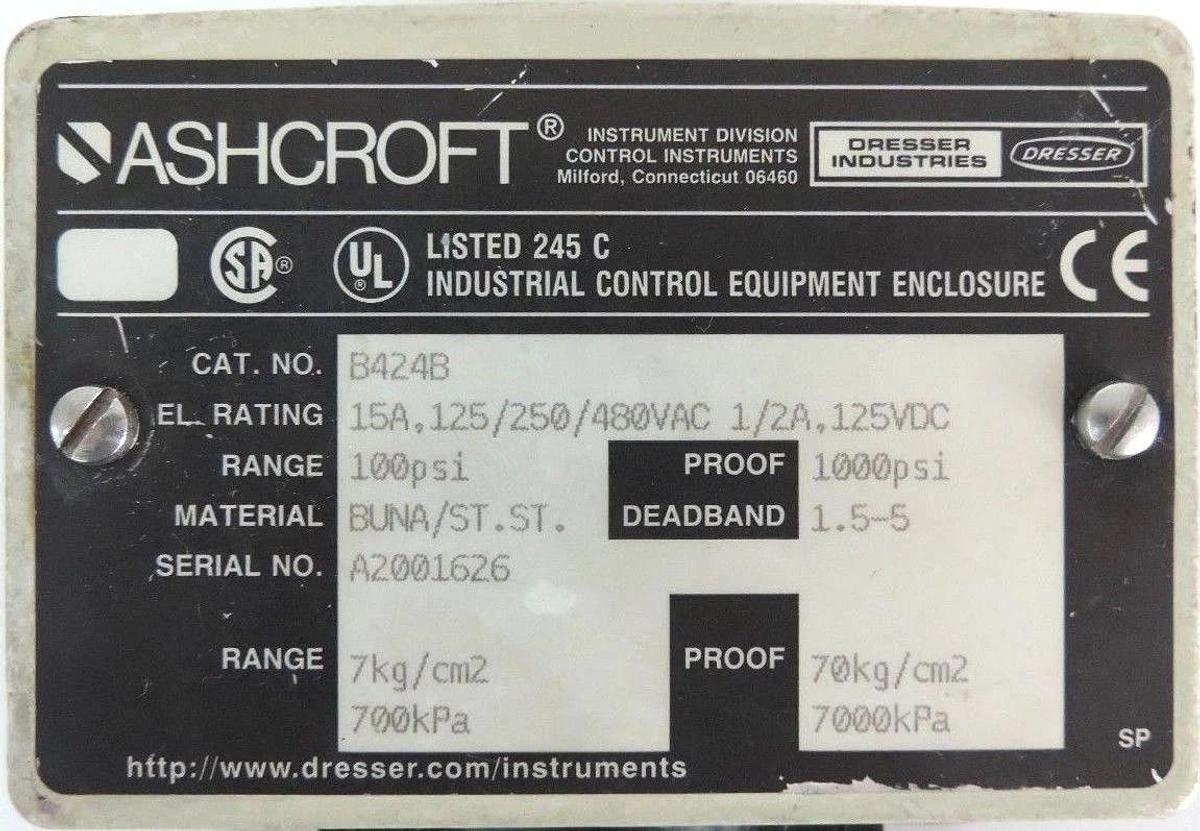Used ASHCROFT B424B SNAP ACTION PRESSURE SWITCH , W/ TYPE 320, DIAPHRAGM 316L SENSOR