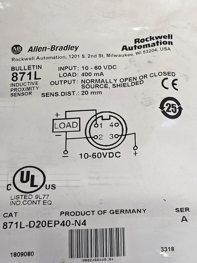 Used NEW ALLEN BRADLEY 871L-D20EP40-N4 PROXIMITY SWITCH 871LD20EP40N4 SER. A