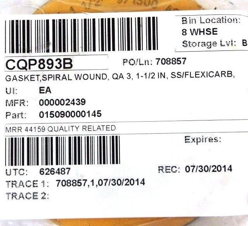 Used LOT OF 2 NEW FLEXITALLIC CQP893B SPIRAL WOUND GASKETS QA 3, 1-1/2" SS FLEXICARB
