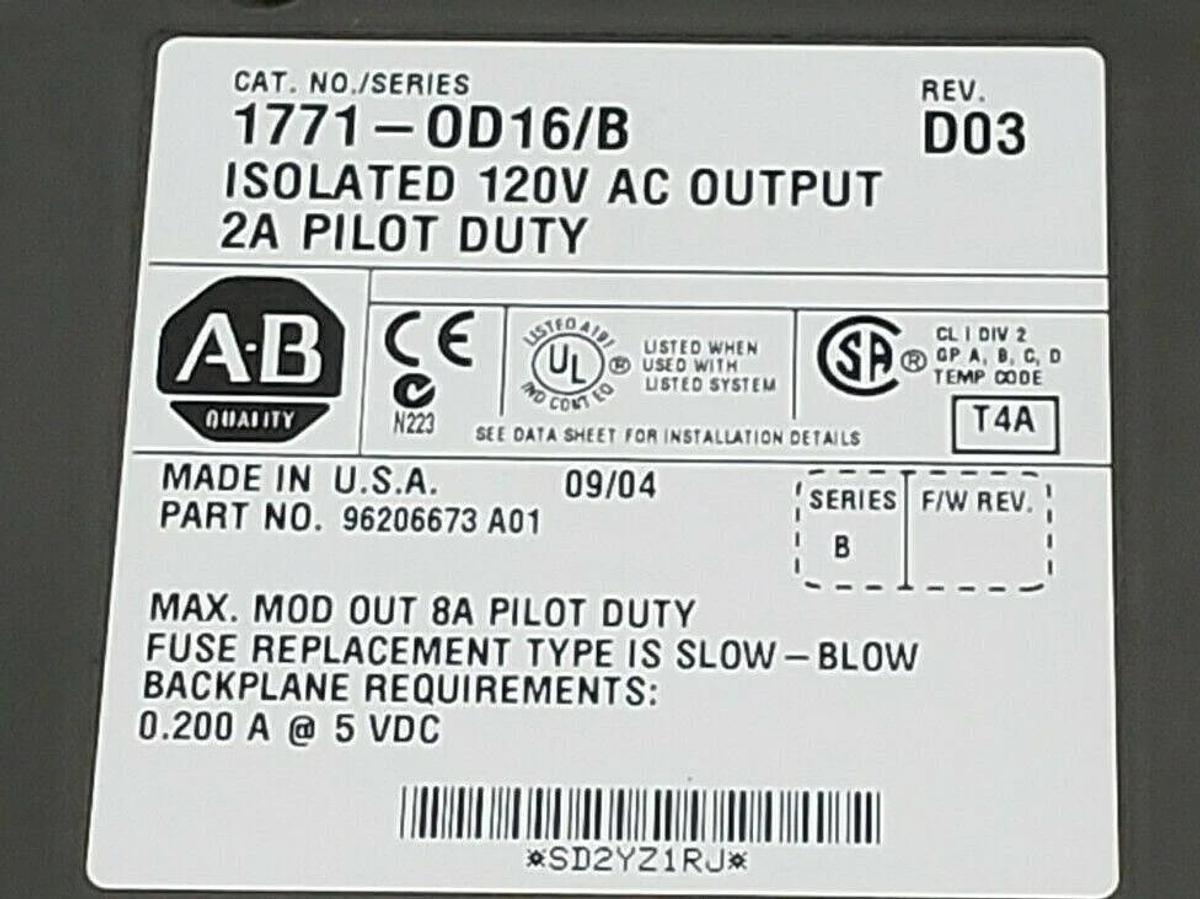 Used ALLEN-BRADLEY 1771-OD16 SER. B ISOLATED 120V AC OUPUT MODULE 1771-OD16/B REV D03