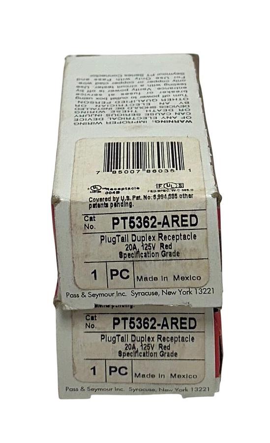 Used 2 PASS & SEYMOUR LEGRAND PT5362-ARED / PT5362ARED DUPLEX RECEPTACLES 20A NSMP