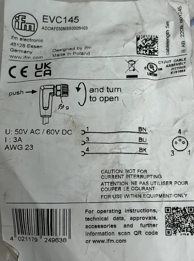 ifm EVC145 5M Right Angle M12 Sensor Cable 3-Wire 50V AC 60V DC AWG 23 New Open
