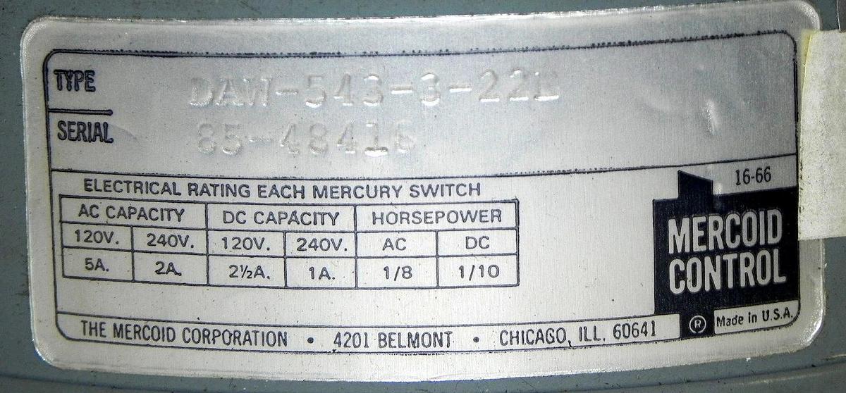 Used NIB MERCOID CONTROL DAW-543-3-22E PRESSURE SWITCH 75-800PSIG DAW543322E