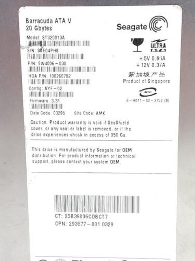 Used SEAGATE ST320013A BARRACUDA ATA V HARD DRIVE 20 GBYTES