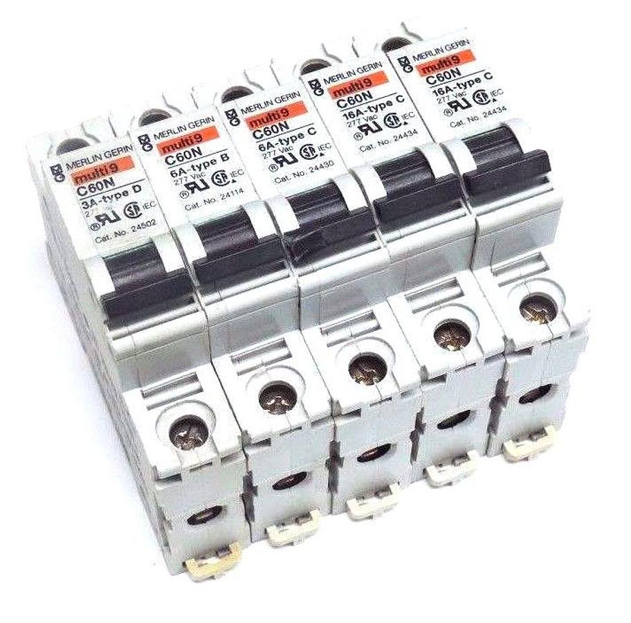 Used LOT OF 5 MERLIN GERIN 24502, 24114, 24430, 24434 MULTI 9 CIRCUIT BREAKERS
