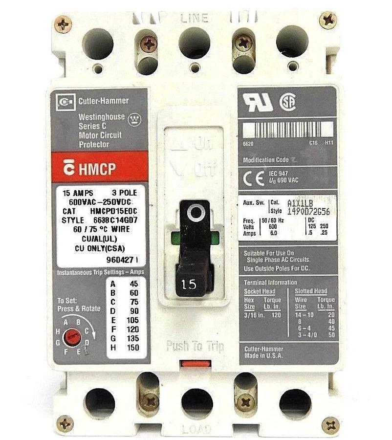 Used WESTINGHOUSE HMCP015E0C CIRCUIT BREAKER STYLE: 6638C14G07, SER. C, 15AMP, 3-POLE
